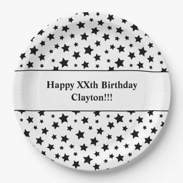 Benutzerdefinierte schwarze Sterne mit Message Bir Pappteller (Vorderseite)