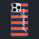 benutzerdefinierte Skriptmonogramm für Korallenrot iPhone 16 Pro Hülle<br><div class="desc">Dress up and protect your iphone with a preppy,  modern and fett gestreifte pattern design,  that is custom mit Monogramm with your first name in a Kleinbuchstaben script Schriftart. Dunkle Marine / indigoblau und korallorange rote Streifen horizontalen Streifen kontrastiert mit weißem Text.</div>