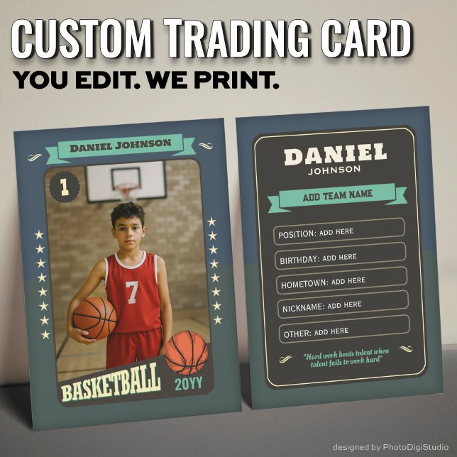 Benutzerdefinierte Spielerkarte für die Retro Bask Telefonnummerkarte (Custom Basketball Trading Card, Teal Retro Player Card)