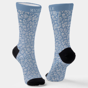 Benutzerdefinierte Stahlblaue Blumen Silber Weiße Socken