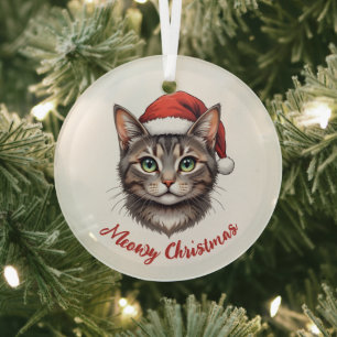 Benutzerdefinierte süße Weihnachtskatze mit Santa- Ornament Aus Glas