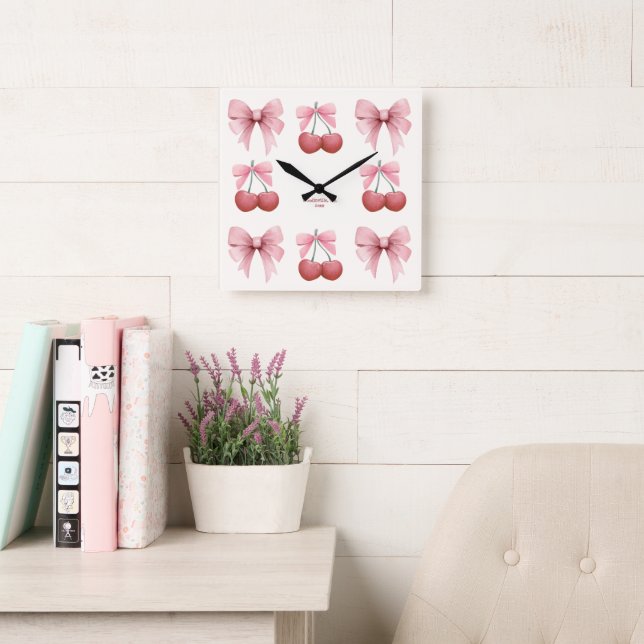Benutzerdefinierte Text rosa Bows und Cherries Gir Quadratische Wanduhr (Lesesaal)