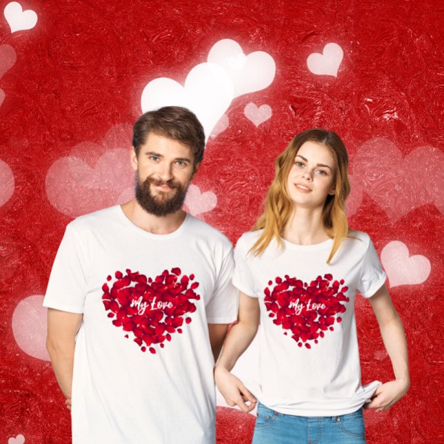 Benutzerdefinierte Textvalente Rote Rose Herzform  T-Shirt (Von Creator hochgeladen)