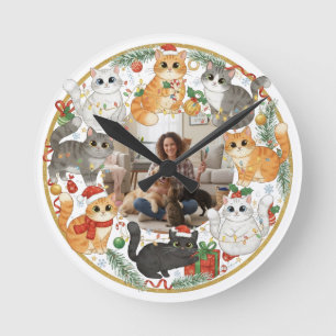 Benutzerdefinierte Tierfoto-Weihnachtskatze-Wanduh Runde Wanduhr