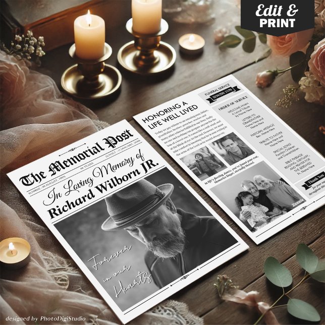 Benutzerdefinierte Trauerzeitung mit Programm und  (Custom Newspaper Funeral Program Card, Photo Memorial Card)