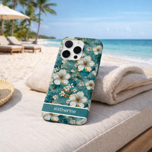 Benutzerdefinierte Tropische Hibiskus-Blumen Teal iPhone 16 Pro Hülle