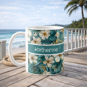 Benutzerdefinierte Tropische Hibiskus-Blumen Teal Kaffeetasse