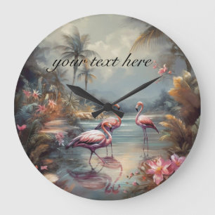 Benutzerdefinierte Vintage-Flamingo-Tropenlagunen- Große Wanduhr