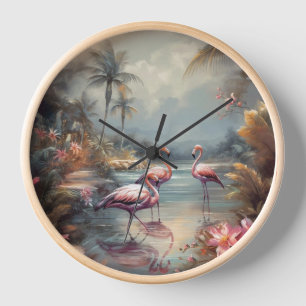 Benutzerdefinierte Vintage-Flamingo-Tropenlagunen- Uhr