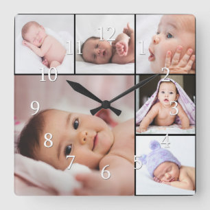 Benutzerdefinierte Vorlage für 6 FotoCollage Quadratische Wanduhr