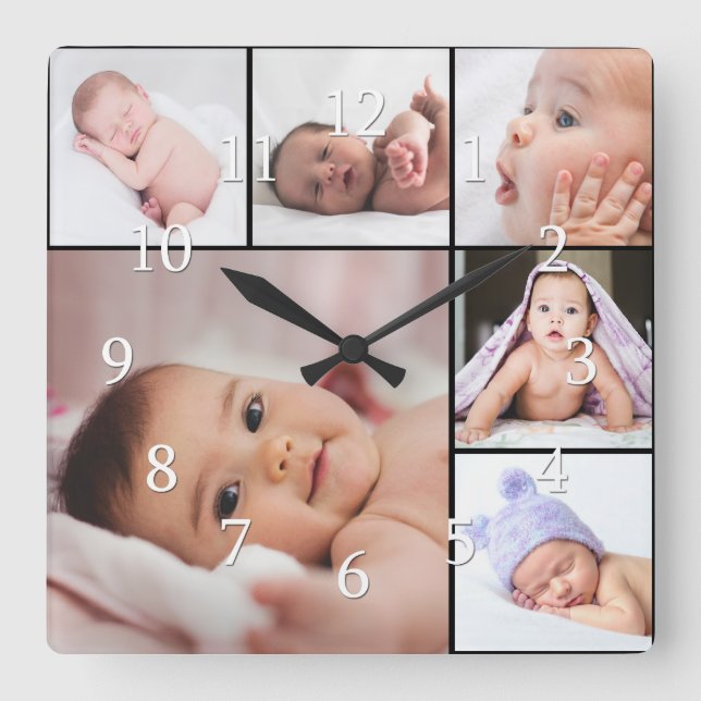 Benutzerdefinierte Vorlage für 6 FotoCollage Quadratische Wanduhr (Vorderseite)