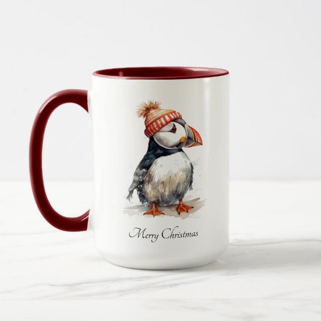 Benutzerdefinierte Weihnachts-Puffin-Orange-Pompon Tasse (Links)