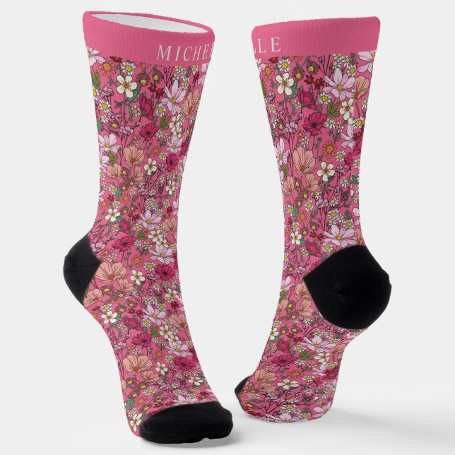 Benutzerdefinierte weiße Blume rosa Blumenmuster Socken (Gewinkelt)