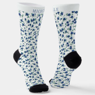 Benutzerdefinierte weiße Blumen helle dunkelblaue Socken