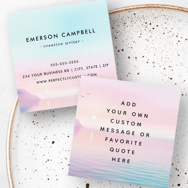 Benutzerdefinierter Anführungshinweis Wasserfarben Quadratische Visitenkarte (Custom quote message watercolor sunrise over sea square business card)