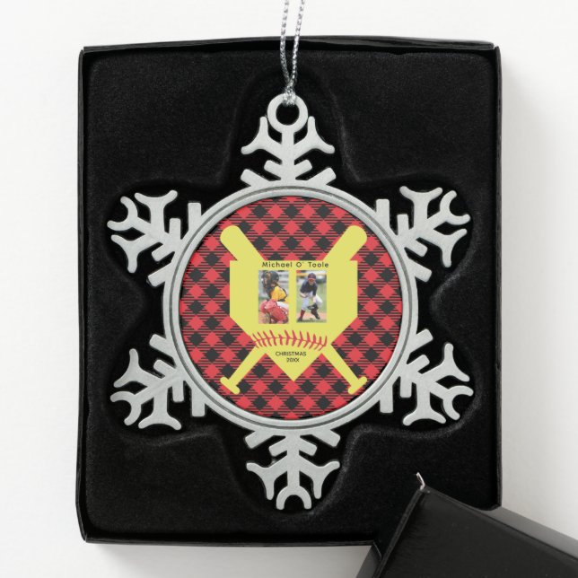Benutzerdefinierter Baseballname, FotoCollage Schneeflocken Zinn-Ornament (Box)