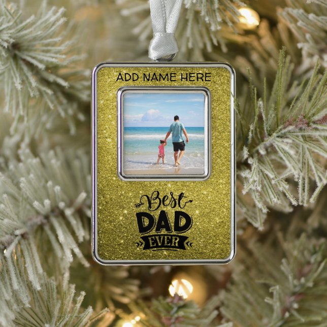 Benutzerdefinierter bester Vater je Gold Glitzer Rahmen-Ornament Silber (Baum)