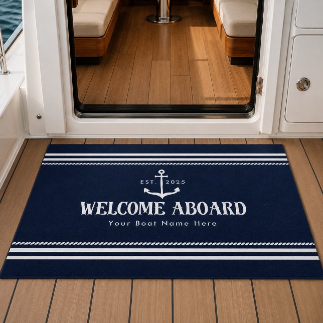Benutzerdefinierter blauer Bootsname Nautical Will Fußmatte (Von Creator hochgeladen)