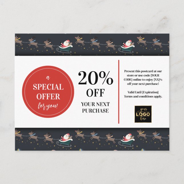 Benutzerdefinierter Couponnachlass für Weihnachts- Postkarte (Vorderseite)