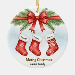 Benutzerdefinierter Familien-Weihnachtsstrumpf-Sch Keramik Ornament