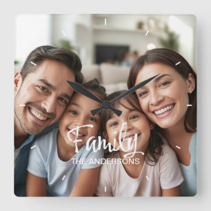 Benutzerdefinierter Familienfoto-Trend-Schriftzug Quadratische Wanduhr