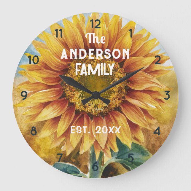 Benutzerdefinierter Familienname Farmhous Sonnenbl Große Wanduhr (Vorderseite)