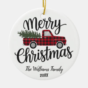 Benutzerdefinierter Familienname Roter LKW Frohe W Keramik Ornament