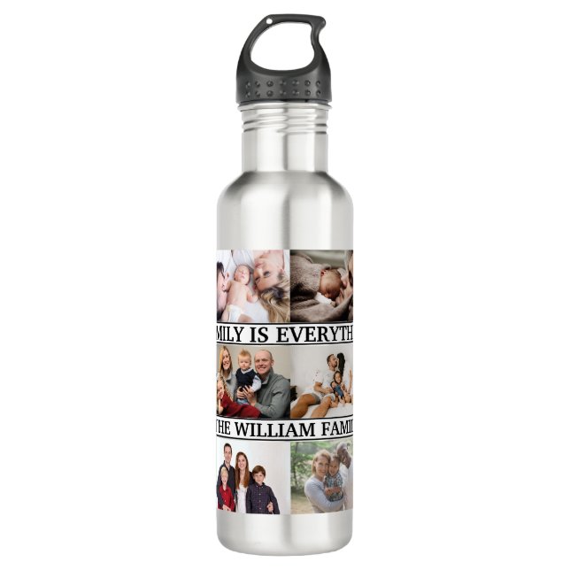 Benutzerdefinierter Familienname und 12 Fotocollag Edelstahlflasche (Vorderseite)
