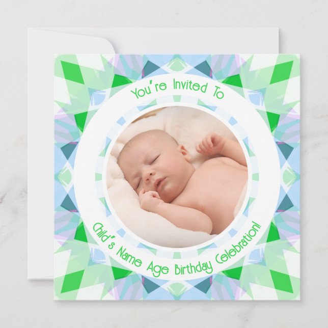 Benutzerdefinierter Foto Name Age Blue Green Gebur Einladung (Vorderseite)