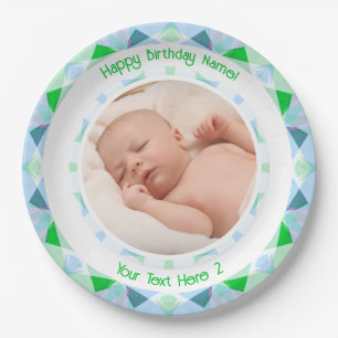 Benutzerdefinierter Foto Name Age Blue Green Gebur Pappteller