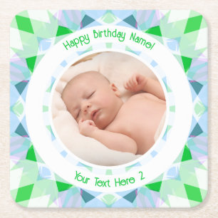 Benutzerdefinierter Foto Name Age Blue Green Gebur Rechteckiger Pappuntersetzer