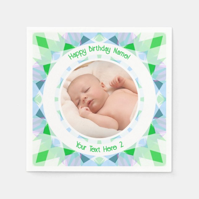Benutzerdefinierter Foto Name Age Blue Green Gebur Serviette (Vorderseite)
