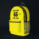 Benutzerdefinierter gelber schwarzer Name, Nummer, Bedruckter Rucksack<br><div class="desc">Erstellen Sie Ihren eigenen, speziell gelben schwarzen Sport Football Style bedruckten Rucksack mit Name, Nummer, Teamname, Slogan und Jahr. Personalisieren Sie diese einfache, klassische gedruckte Rucksack-Vorlage mit Ihrer benutzerdefinierten Nachricht, Name, Teamname und Jahr. Einfach für einen coolen Sportgenuss personalisieren. Kreieren Sie Ihr personalisiertes Geschenk für Trainer, Geburtstagsmädchen, Fußballspieler, Teamkollegen und...</div>