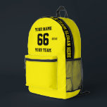 Benutzerdefinierter gelber schwarzer Name, Nummer, Bedruckter Rucksack<br><div class="desc">Erstellen Sie Ihren eigenen, speziell gelben schwarzen Sport Football Style bedruckten Rucksack mit Name, Nummer, Teamname, Slogan und Jahr. Personalisieren Sie diese einfache, klassische gedruckte Rucksack-Vorlage mit Ihrer benutzerdefinierten Nachricht, Name, Teamname und Jahr. Einfach für einen coolen Sportgenuss personalisieren. Kreieren Sie Ihr personalisiertes Geschenk für Trainer, Geburtstagsmädchen, Fußballspieler, Teamkollegen und...</div>