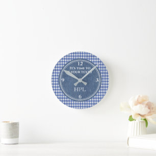 Benutzerdefinierter Gingham-Karo- & Blau-Denim-Dru Runde Wanduhr