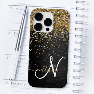 Benutzerdefinierter Gold Glitter Schwarz Glanz Mon iPhone 14 Pro Hülle