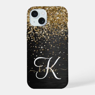 Benutzerdefinierter Gold-Glitter-Schwarz-Glanz-Mon iPhone 15 Hülle