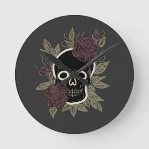 Benutzerdefinierter gotischer Totenkopf und Rosen  Runde Wanduhr