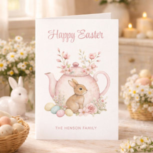 Benutzerdefinierter Hase & Rosa Blumen Teekanne Fr Feiertagskarte