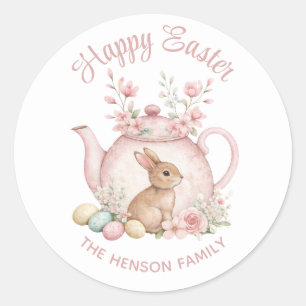 Benutzerdefinierter Hase & Rosa Blumenteekanne Fro Runder Aufkleber