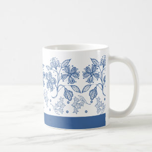 Benutzerdefinierter Indigo-Blau-auf-Weiß-Blumenran Kaffeetasse