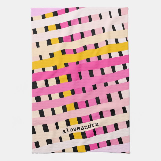 Benutzerdefinierter Karo-Gradient Rosa Gelb Schwar Geschirrtuch (Vertikal)