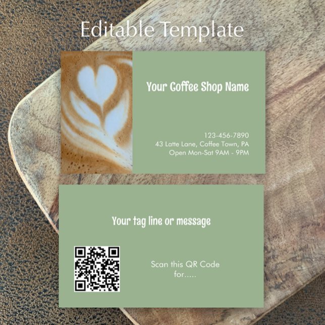 Benutzerdefinierter moderner hellgrüner QR-Code fü Visitenkarte (Customize this sage green business card template with contact details, QR code, photo. Coffee shop.
)