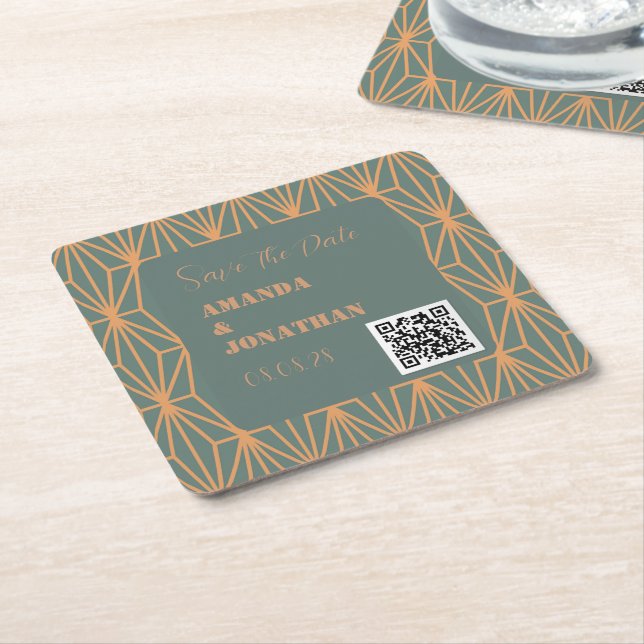 Benutzerdefinierter moderner QR-Code Save the Date Rechteckiger Pappuntersetzer (angewinkelt)