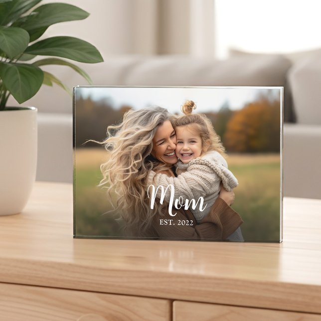 Benutzerdefinierter Mom-Etabliert-Modern-Script-Fo Fotoblock (Mom established white script photo with customizable text for name and year)