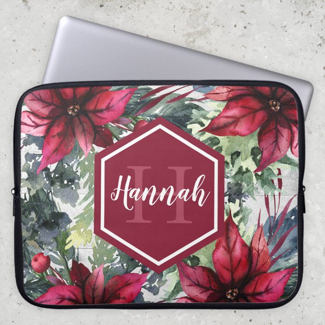 Benutzerdefinierter Monogrammname Red Poinsettia Laptopschutzhülle (Von Creator hochgeladen)