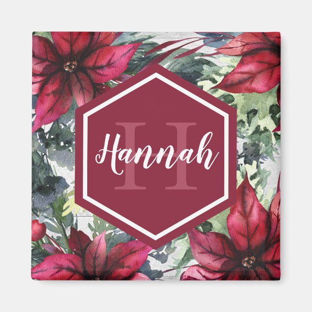 Benutzerdefinierter Monogrammname Red Poinsettia Magnet (Vorne)