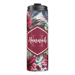 Benutzerdefinierter Monogrammname Red Poinsettia Thermosbecher