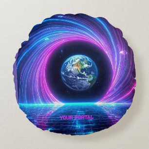 Benutzerdefinierter Name 80er Retro-Neon-Planet-Po Rundes Kissen