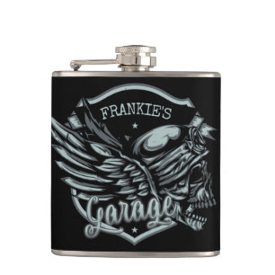 Benutzerdefinierter NAME Biker-Totenkopf-Schwingen Flachmann